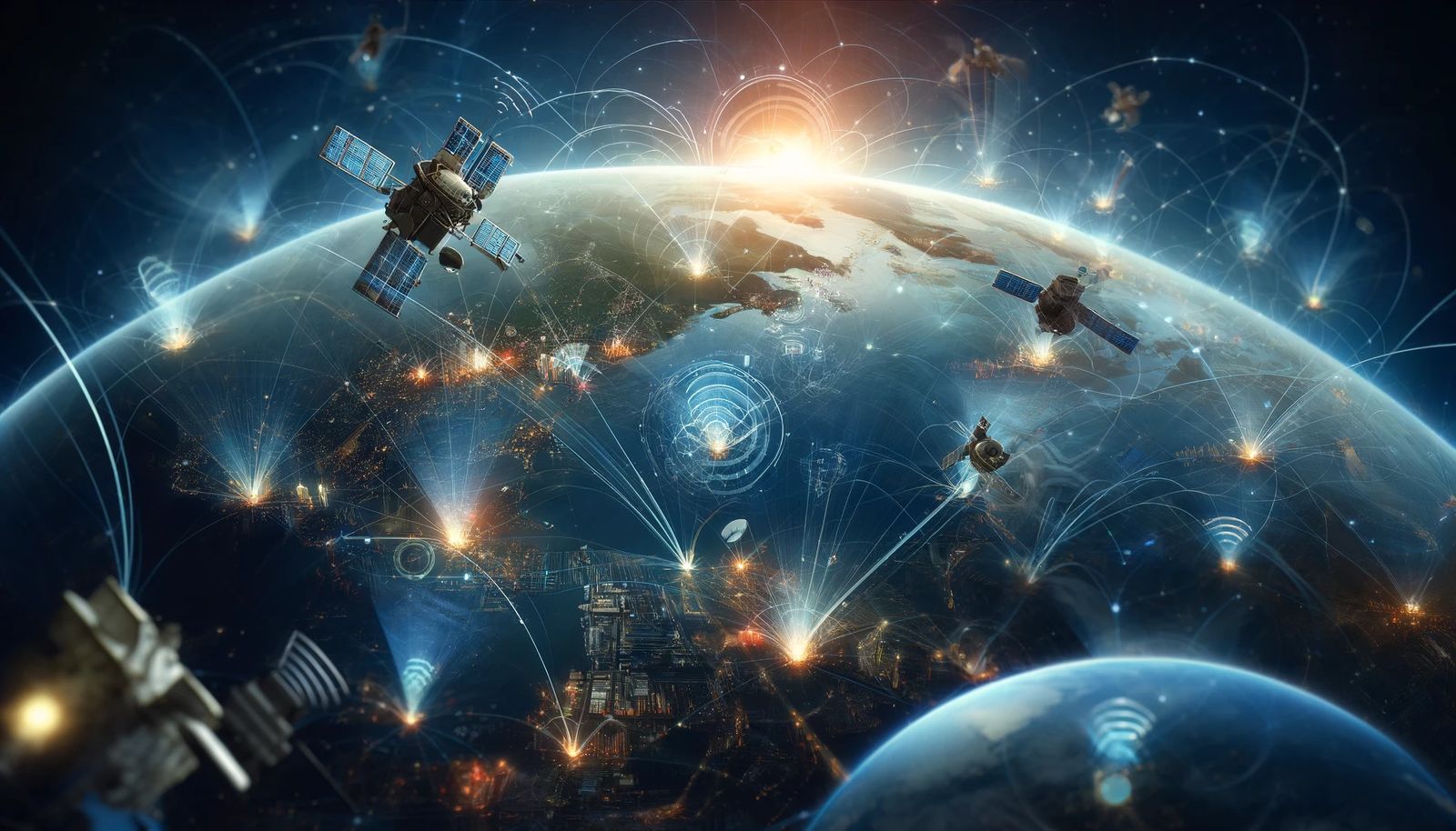Illustration of a global satellite communications network connecting Earth