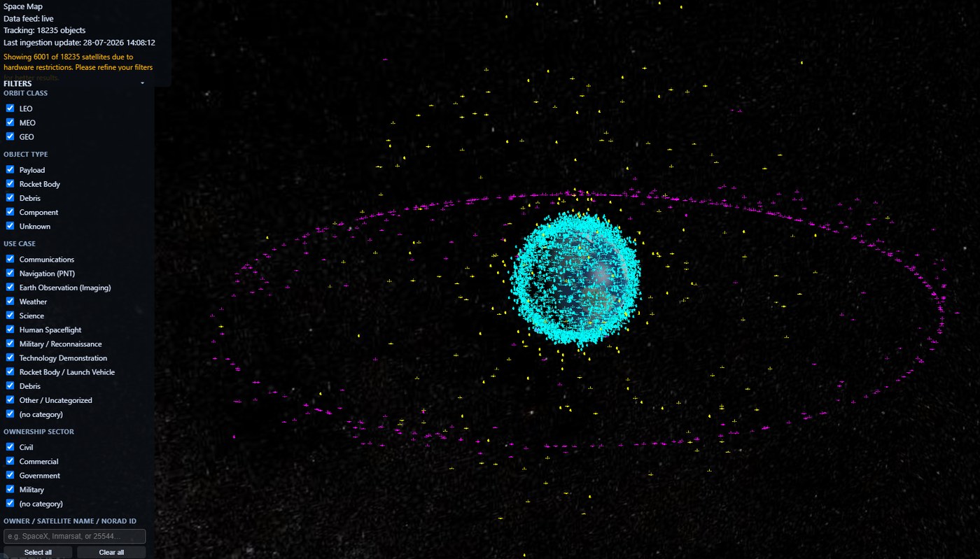 Live screenshot of Telent's Orbital Visualisation Tool tracking over 18,000 objects across LEO, MEO and GEO